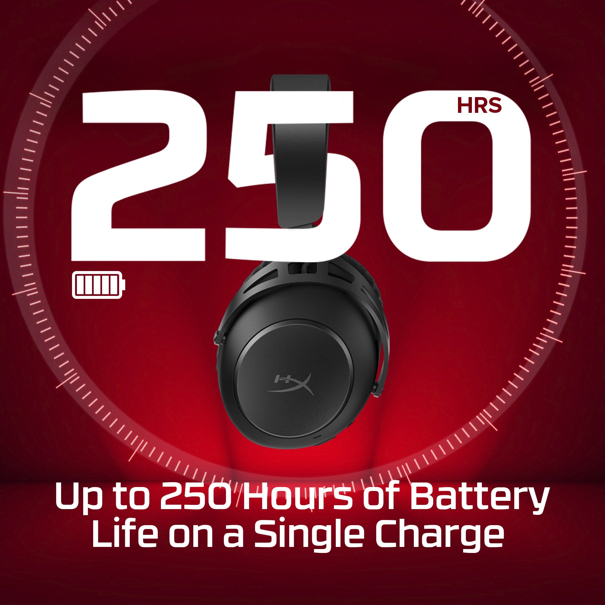 Gaming headset with battery life indicator on a red background