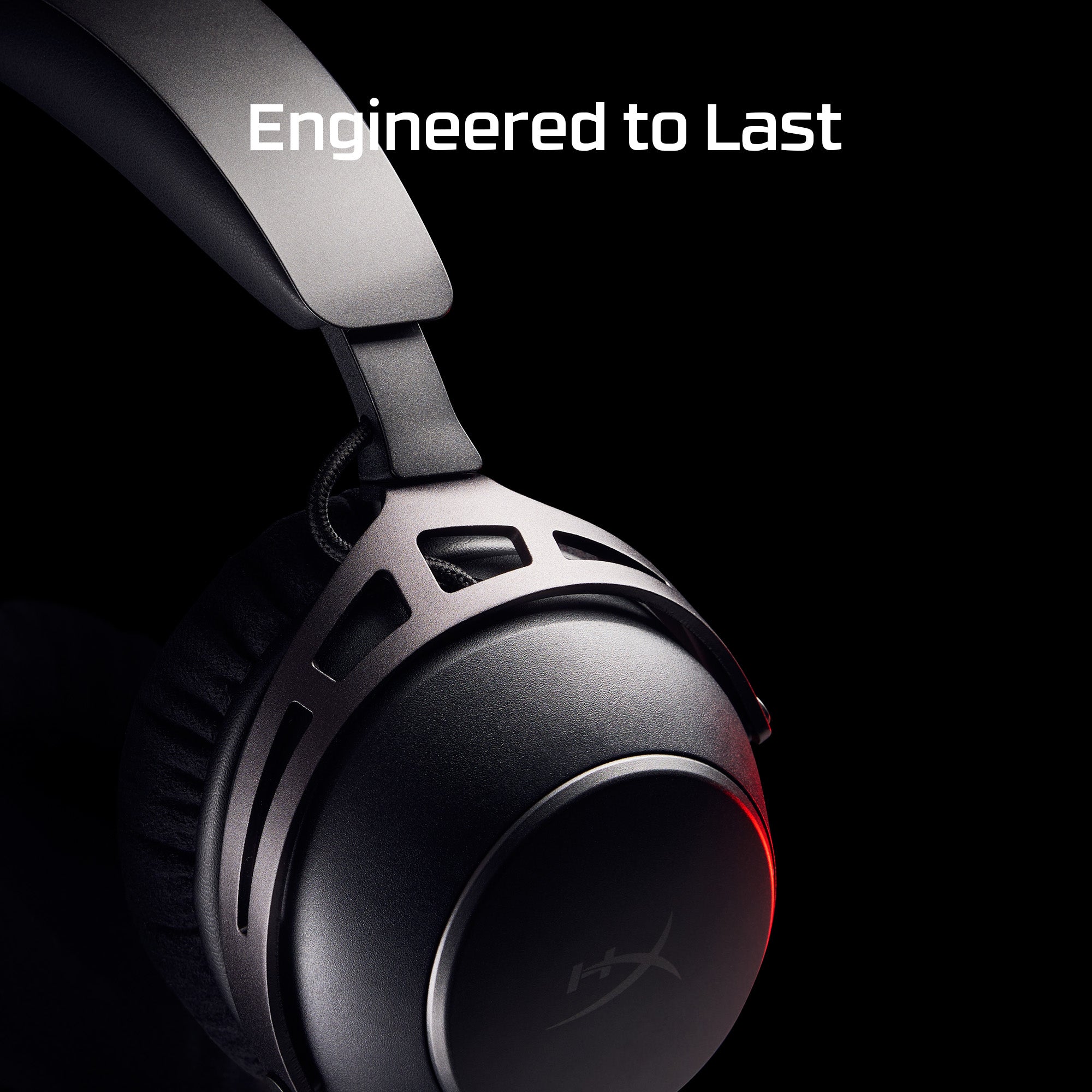 High-end headphones with 'Engineered to Last' text on a black background
