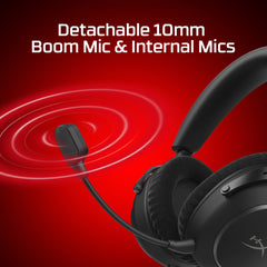 Black gaming headset with detachable 10mm boom mic on a red background