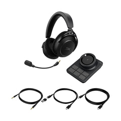 Black cloud alpha 2 wireless gaming headset with microphone, control panel, and cables on a white background