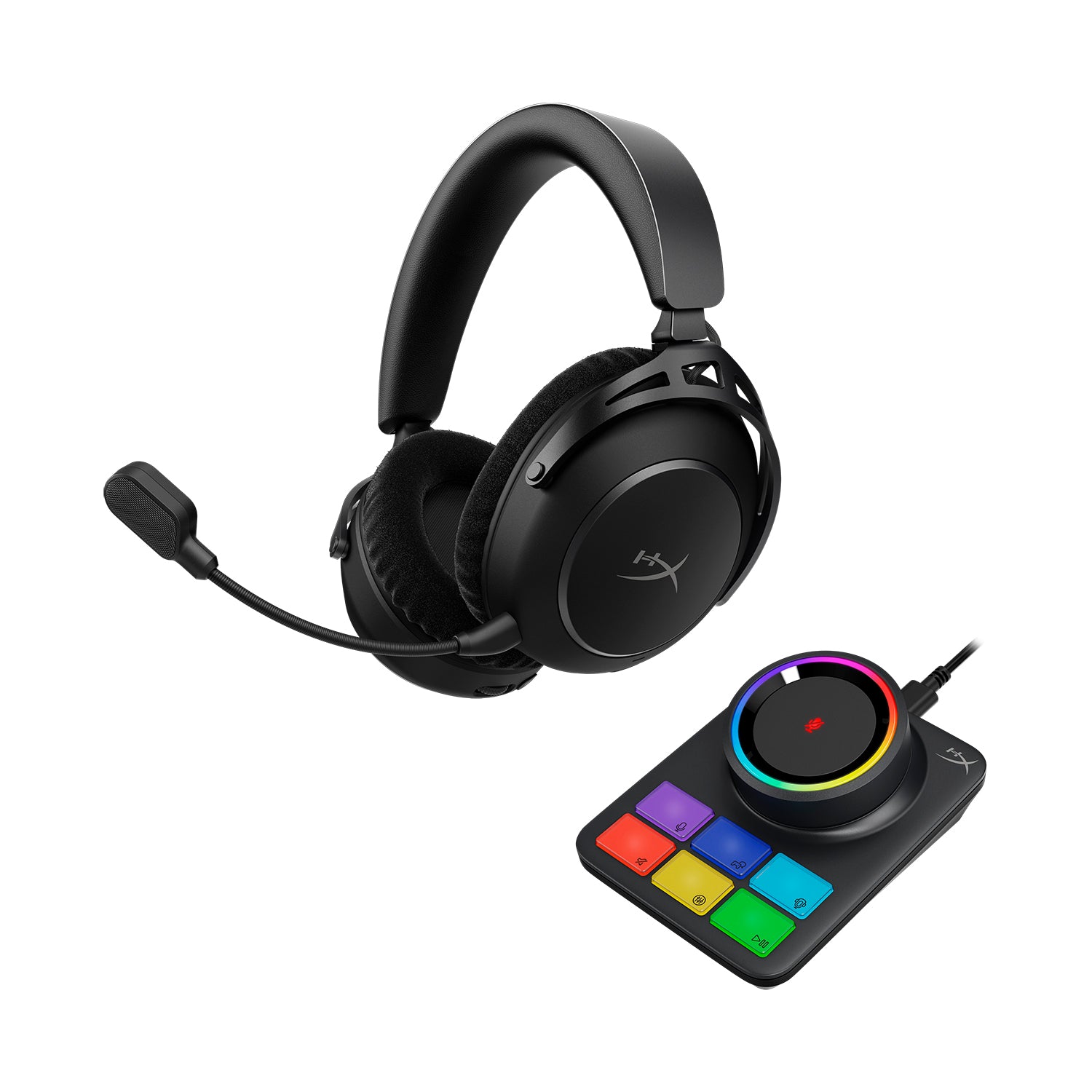 Black gaming headset with RGB Base Station featuring colorful buttons on a white background