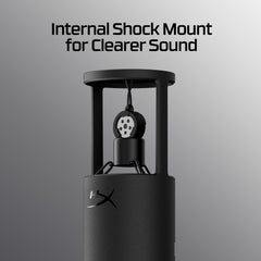 Black internal shock mount for audio equipment on a gray background with text.