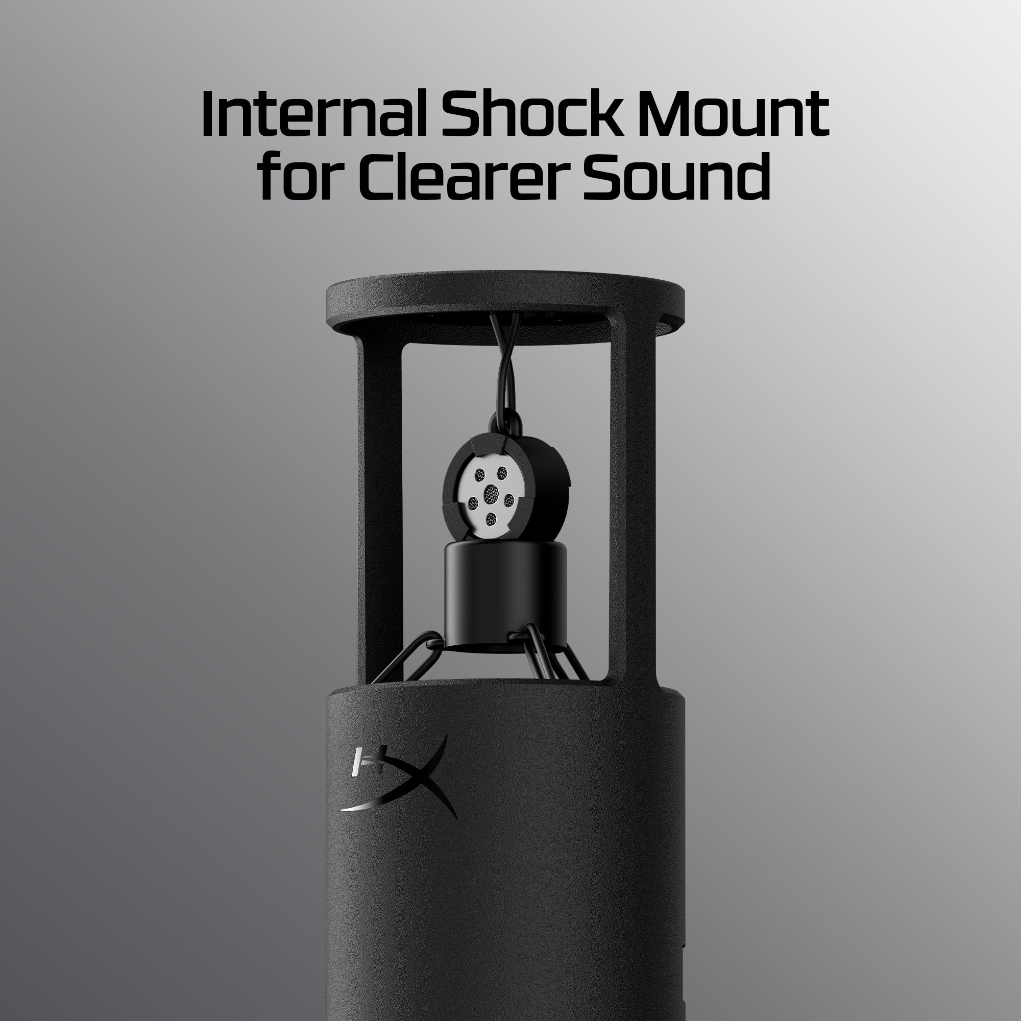 Black internal shock mount for audio equipment on a gray background with text.