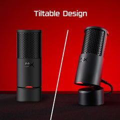 Black microphone with tiltable design on a red background
