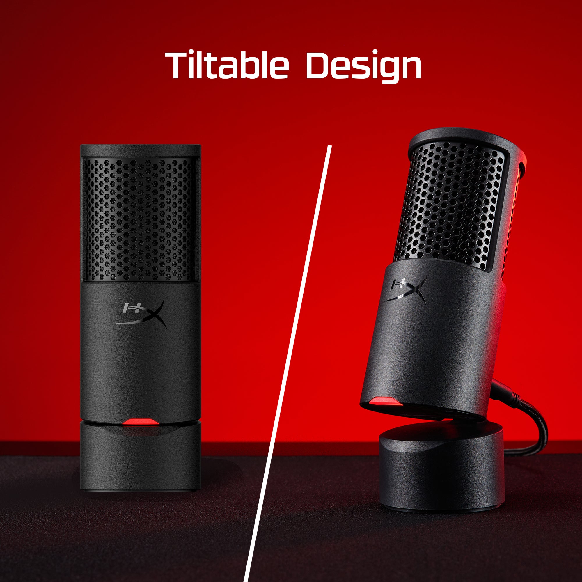 Black microphone with tiltable design on a red background