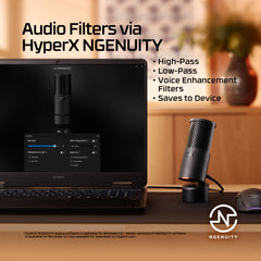 Laptop with microphone and NGENUITY software on screen, featuring HyperX branding.