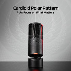 Black microphone with red interior on a gray background, featuring text about cardioid polar pattern.