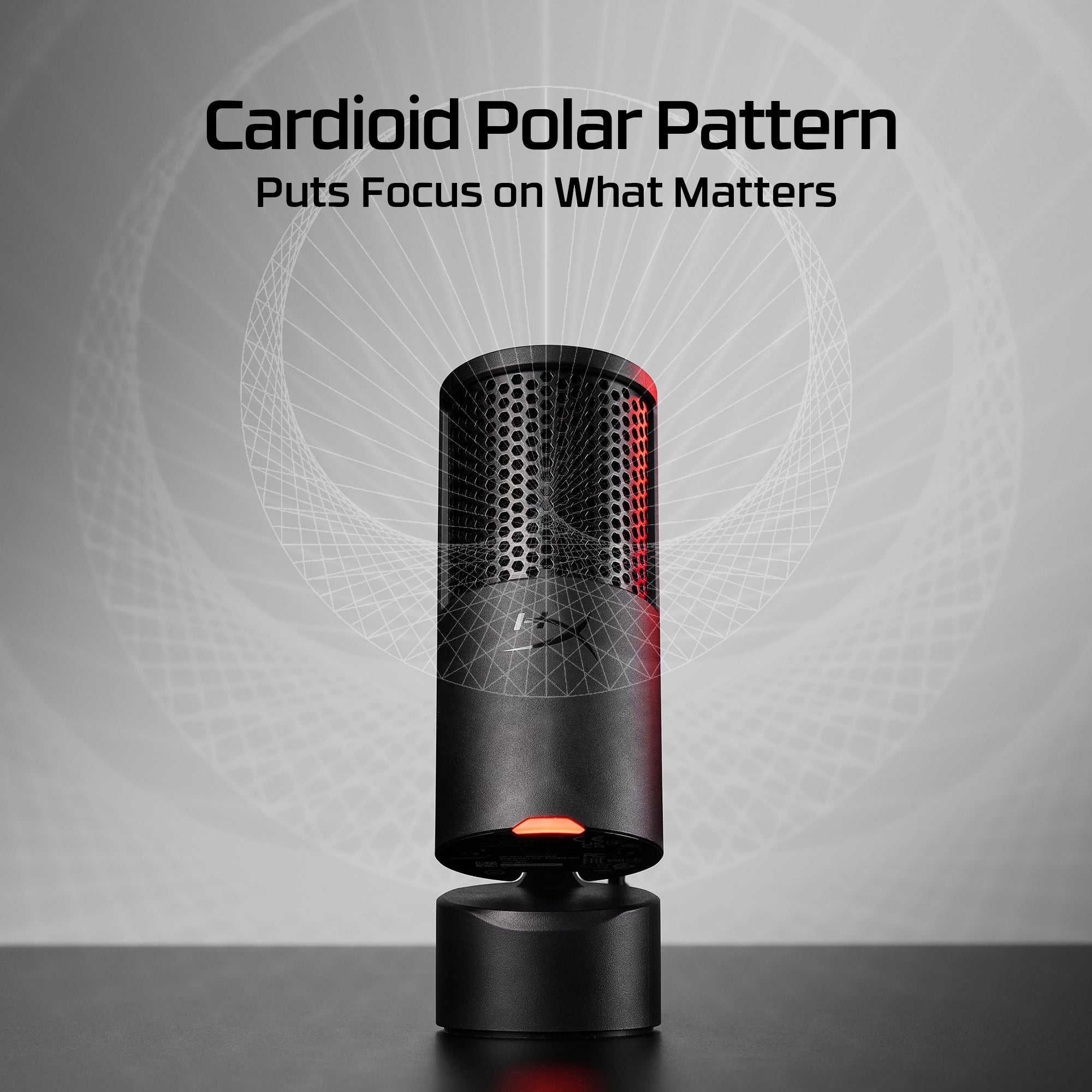 Black microphone with red interior on a gray background, featuring text about cardioid polar pattern.