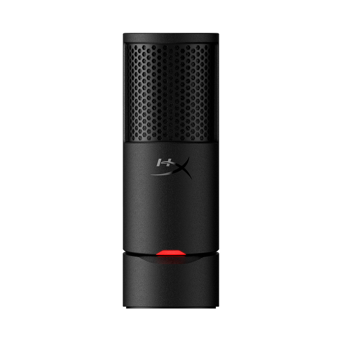 Black HyperX SoloCast 2 microphone with red accent on a white background