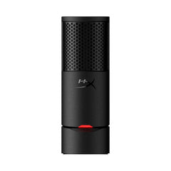 Black HyperX SoloCast 2 microphone with red accent on a white background